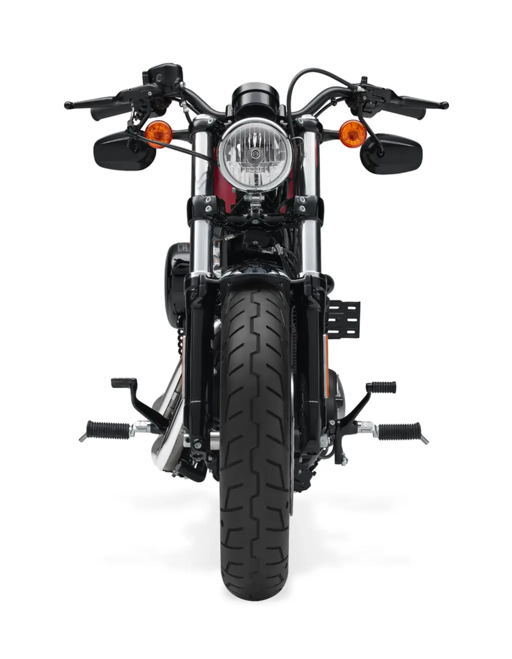 2016 Harley-Davidson Forty-Eight XL1200X, studio photo, head-on, showing the 16-inch front wheel and tyre