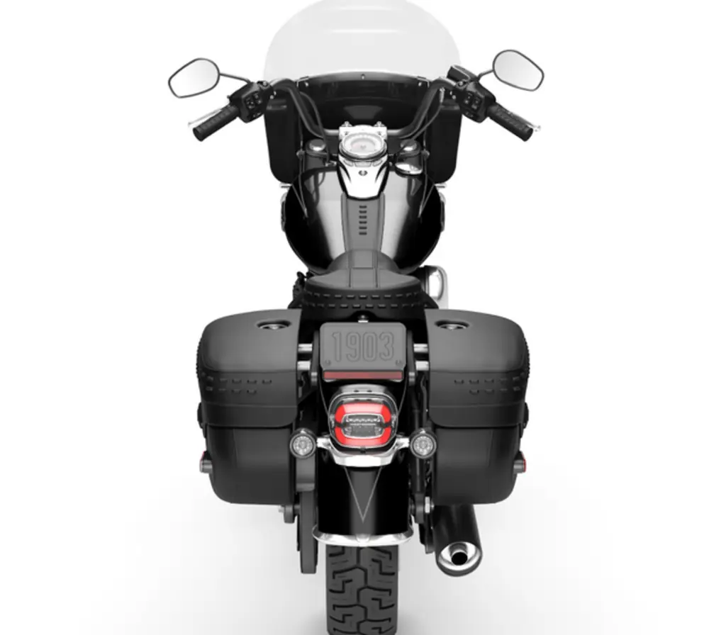 Rear view of a 2026 Harley-Davidson Heritage Classic showing the two lockable saddlebags and the screen