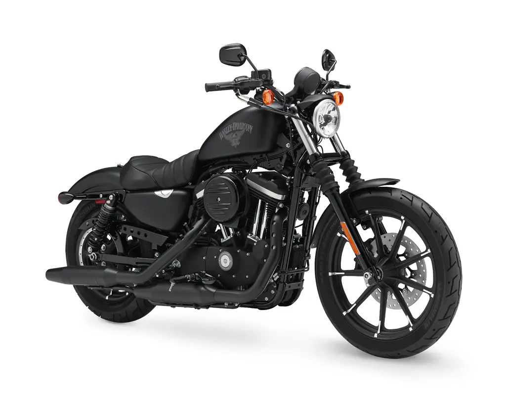 Front three-quarter view of a matt black 2017 Harley-Davidson Iron 883