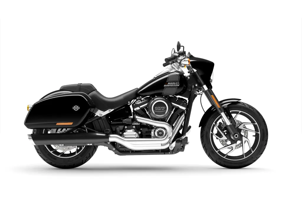 Right-side studio view of a black 2024 Harley-Davidson Sport Glide FLSB with mini-fairing and hard saddlebags.