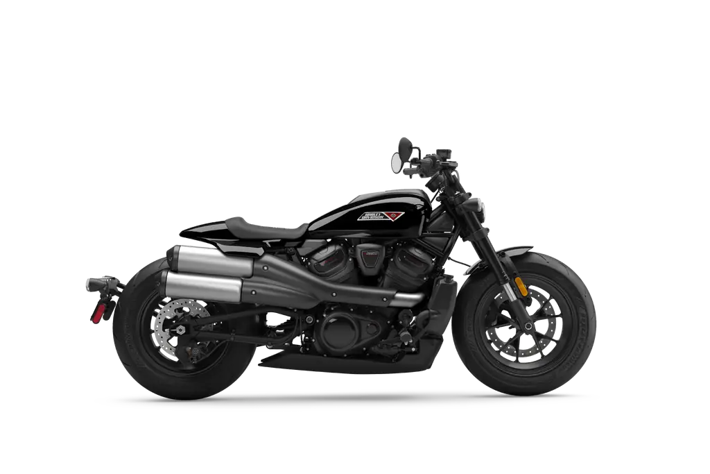 Right-side view of a black 2025 Harley-Davidson Sportster S with high-mounted exhausts.