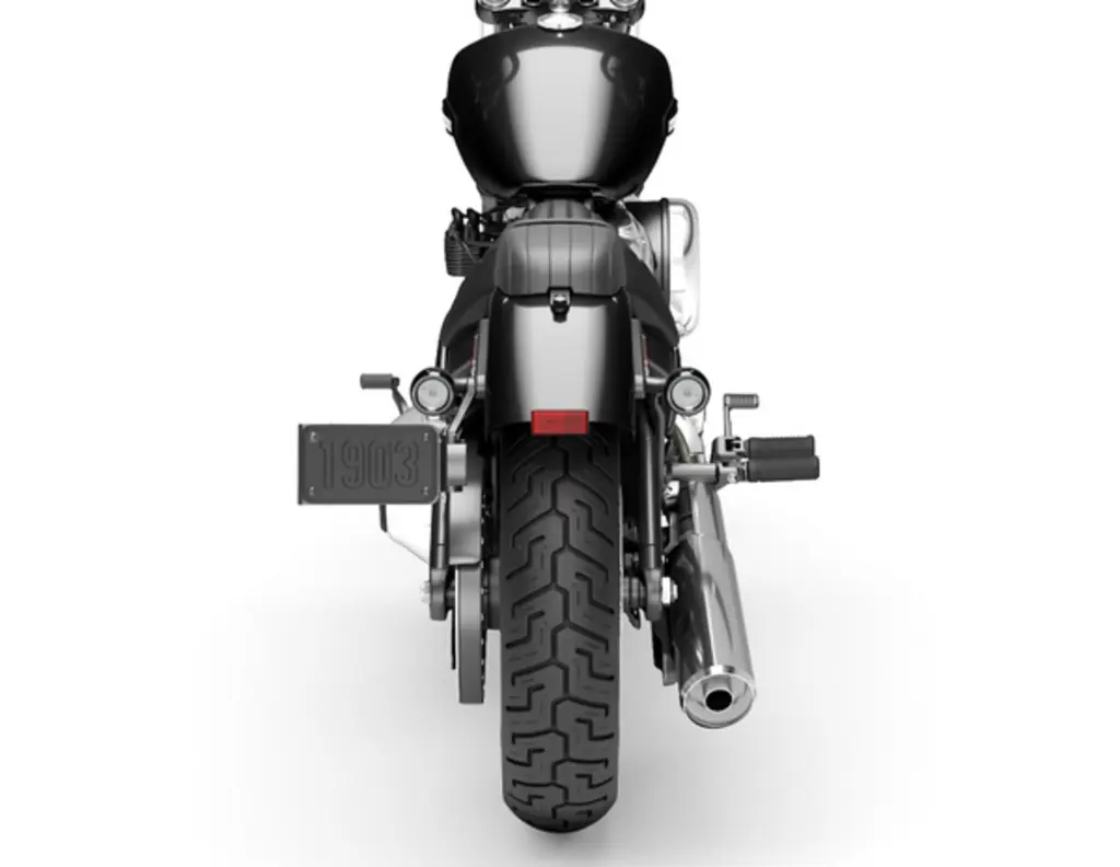 Rear view of a 2026 Harley-Davidson Street Bob showing the 16-inch rear tyre and single exhaust
